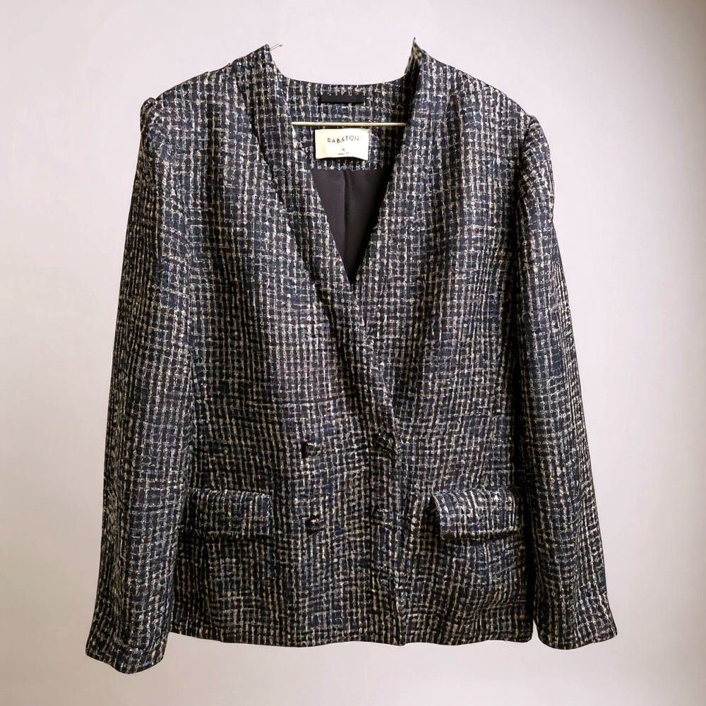 Babaton Navy Plaid Tweed Blazer Size 10 - Picture 2 of 12